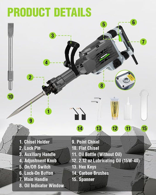 WORKPRO 60 J Demolition Jack Hammer – 15A Heavy Duty Electric Concrete Breaker, 1900 BPM Industrial Jackhammer with 2 HEX30 Chisels, UL Plug, Wheeled Carry Case for Construction & Renovation