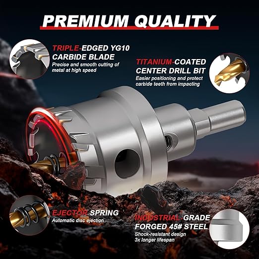 5" (127mm) TCT Carbide Hole Saw Kit for Metal - Heavy Duty Hole Cutter Drill Bits Set with 2 Titanium/Step Pilot Drill Bits & L-Wrench, Cuts Stainless Steel, Iron, Aluminum, Wood, Plastic