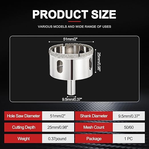 PATIKIL 2" (51mm) Diamond Hole Saw, Glass Diamond Hole Cutters Hollow Core Drill Bits for Fiberglass, Tile, Porcelain, Ceramic