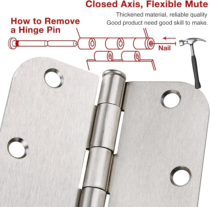 12 Pack Interior 3.5" Brushed Nickel Door Hinges for Doors 3 1/2 Inch Rounded 5/8" Noise Free Residential Standard Hinge for Study Spare/Play/Lounge/Bed Room,Walk-in Closet,DIY Table,Celler,Balcony