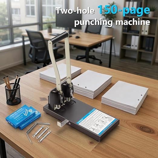 Heavy Duty 2 Hole Punch for Binder:Worklion Metal Power Two Hole Paper Puncher, 150 Sheets Capacity,2 3/4"(70 mm) Hole Distance, with 100PCS Paper Fasteners
