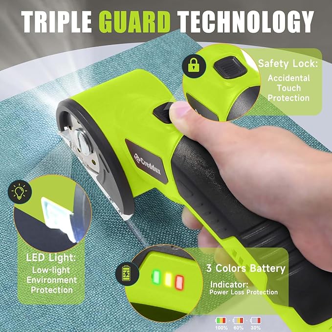 Cordless Electric Scissors竊똂ardboard Cutter Heavy Duty Scissor with 3 Blade, Safety Lock & Extra Blade竊똓otary Cutter for Cardboard Fabric Plastic Leather Green