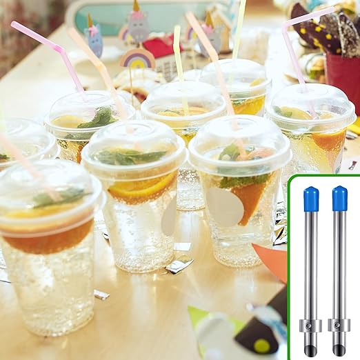 Lasnten 2 Pack Straw Puncher for Plastic Lids Lemonade Cups, Stainless Steel Straw Hole Puncher Punching Tools for Cafe Drinks Fresh Squeezed Lemonade Stand Supplies (6.3 Inch,Blue)