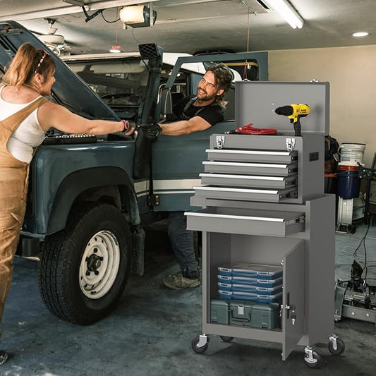5-Drawers Tool Chest, 2-in-1 Rolling Tool Box with Wheels and Drawers, Detachable Storage Toolbox with Lock, Heavy-Duty Metal Tool Cart for Garage, Workshop (Gray)