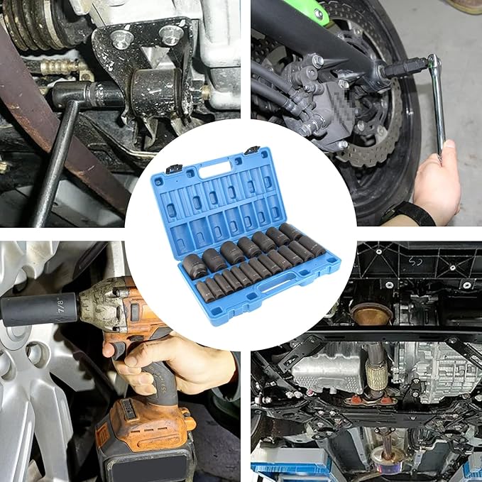19pcs 1/2" Impact Socket Set, 6-Point Deep Socket, Cr-V Steel, 3/8 inch - 1-1/2 inch