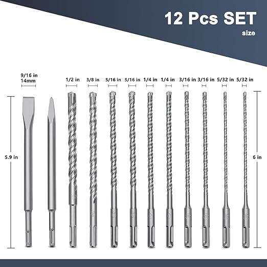 12 Pcs 5/32 to 1/2 inch (4-12mm) SDS Plus Rotary Hammer Drill Bits and Chisel Set, 6 inch Length SDS Plus Masonry Drill Bits Set for Concrete, Brick, Cement,Masonry Work, Length 6 inch