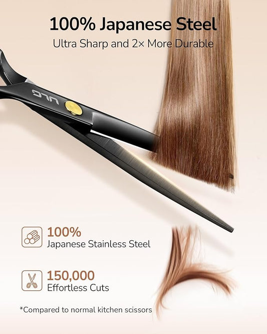 ULG Professional Hair Cutting Scissors Set ??6.5??Japanese Stainless Steel Barber Shears & Thinning Scissors with Comb, Clips & Case ??at-Home Salon Haircut Kit for Men, Women, Kids, Black