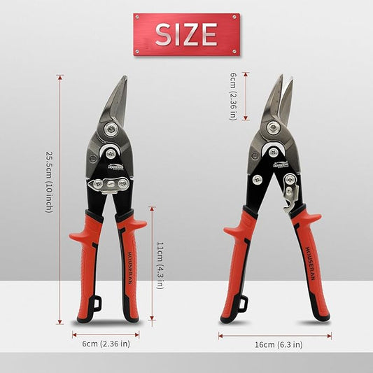 10 Inch Aviation Snips, Left Cut Offset Tin Snip, Heavy Duty CR-MO Tin Cutters with Double Lever, Scale Markings & Safety Lock, Sheet Metal Snips, Shears Scissors for Cutting Metal Sheet