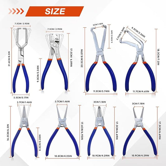 8-Piece Hose Clamp, Fuel Line, Electrical Disconnect Snap Ring Pliers Kit with Internal External Circlip Pliers, C Clip, Lock Ring Tools, Heavy Duty 45Steel, Ergonomic Non-Slip Handles