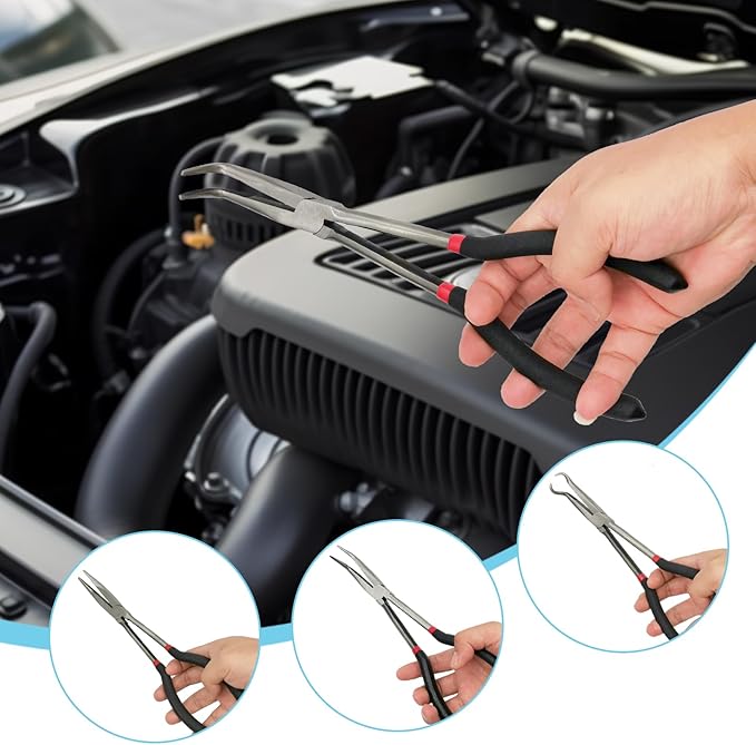 4 Pack 11" Precision Long Nose Pliers Set, Insulated Comfort Grip - Straight Needle Nose, 45/90 Degree Curved & Circle Tools for Wire Bending, Shaping, Trimming