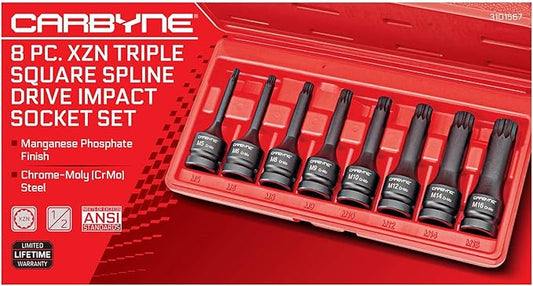 CARBYNE 8-Piece XZN Triple Square Spline Drive Impact Bit Socket Set, 12 Point, Chrome Molybdenum (Cr-Mo) Steel | Metric M5 to M16 | 1/2 inch Drive