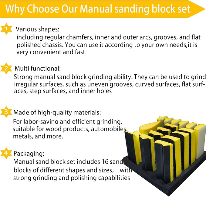 Total 56 PCS Hand Sanding Block Set- 16 PCS Contoured Profile Sander Block + 40 Sheet Sandpaper Kit - Interchangeable Assorted Convex & Concave Shapes for Moldings,Woodworking, Auto Paint and Crafts