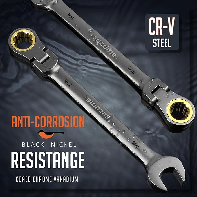 SUZUME 7/16??Flex Head Ratcheting Wrench SAE 72 Teeth Cr-V Steel with 180째 Flexible Head 15K+ Cycle Locked Gears Black Nickel Coating