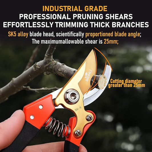 Heavy Duty Pruning Shears竊똆arden Scissors & Clippers with Red-BIDMLI 8.66" SK5 Steel Blades & Aluminum Alloy Handles, Tree Branch Cutter, Ideal for Thick Branches, Dry Twigs, Flower Pruning Tool.