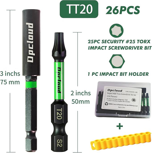 T20 Impact Screwdriver Bit Set, 26 Pieces 2?쒾2 Steel Magnetic #20 Torx Tips Driver Power Bit Set with Extension Impact Bit Holder