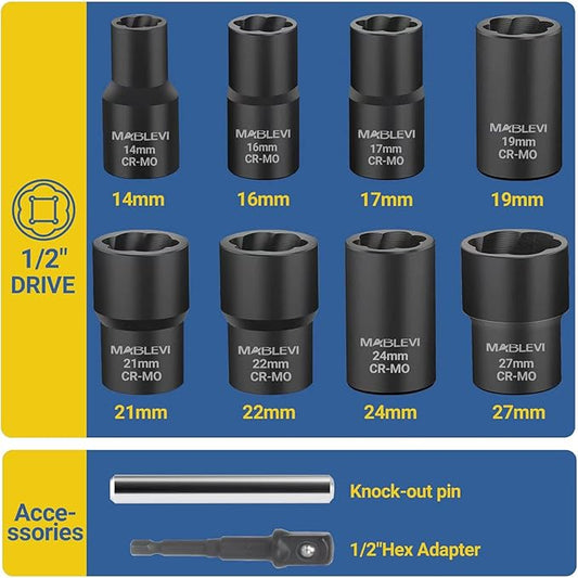MABLEVI 10 PCS Bolt Nut Extractor Set, 1/2" Drive Impact Lug Nut Remover Socket Tool with Center Punch Bar for Damaged, Frozen, Studs, Rusted, Rounded-Off Bolts, Nuts & Screws