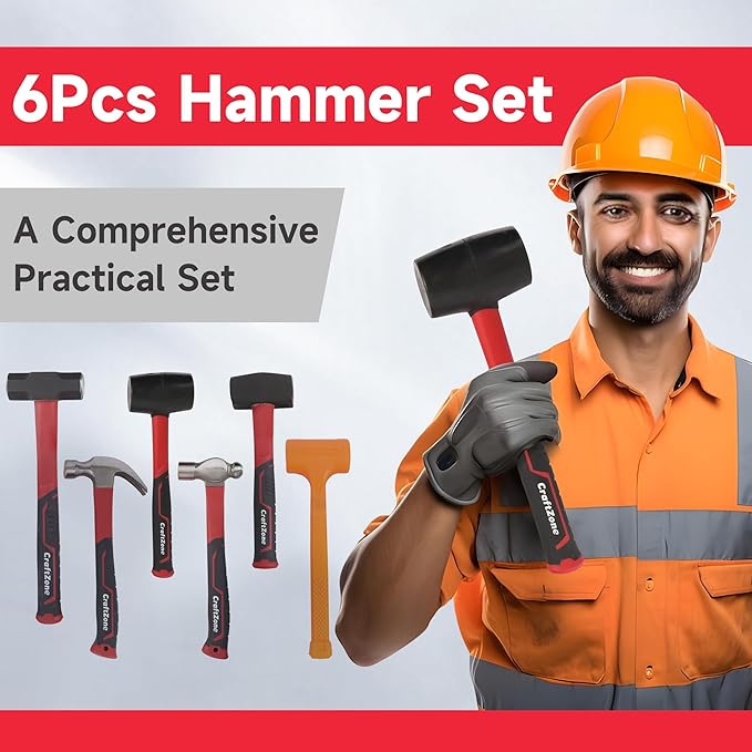 6-Piece Rubber Mallet Hammer Set with 2lb Dead Blow - 3lb Sledge & Stoning - 16oz Ball Peen Claw Hammers | Anti-Vibration Fiberglass Handles for Construction Metalworking Automotive & DIY Projects