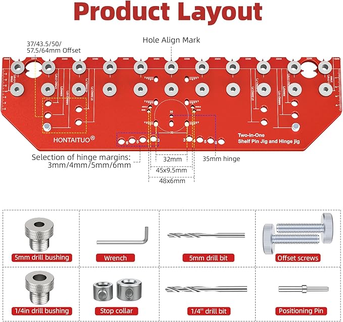 11-Hole Shelf Pin Jig and Hinge Jig 2-in-1,1/4 Inch and 5mm Shelf Pin Drilling Jig,Self-contained Clamping Function Shelf Jig and Cabinet Hardware Jig Tool Drill Guide