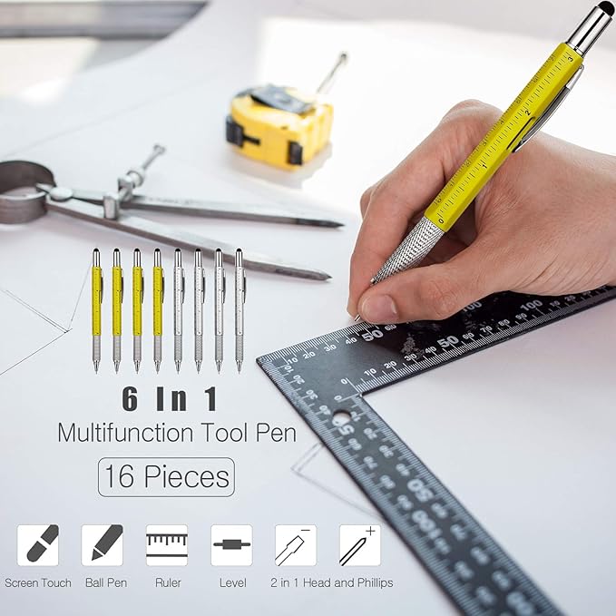 Zhanmai 16 Pcs Multitool Pens 6 in 1 Multi-tool Pen Set with Refills for Men's Birthday Gifts, Christmas Stocking Stuffers for Men Dad Husband (Yellow,Silver)
