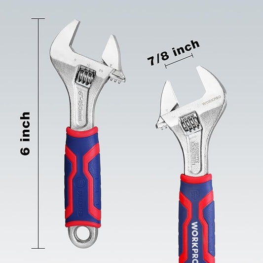 WORKPRO 6-inch Adjustable Wrench, Wide Jaw Opening Wrench with Rubber Anti-slip grip, Metric/SAE Scales, Premium Cr-V Steel, Chrome Plated