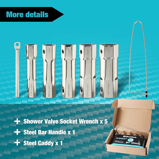 DURATECH Shower Valve Socket Wrench Set with Bar Handle for Removing Tub & Shower Valve,5-Piece, includes 21/32”x 27/32”, 29/32”x 31/32”, 1-1/32” x1-3/32”, 1-5/32”x1-9/32”, 1-11/32”x 1-7/16”