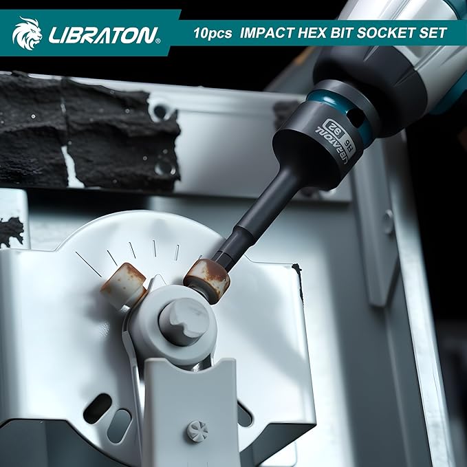 LIBRATON Impact Hex Bit Socket Set, 1/2" Dr, S2 Steel, 10PCS High Torque Sockets(Metric H5-H19) for Professional Mechanics & Automotive Repair (XPE Storage Case)