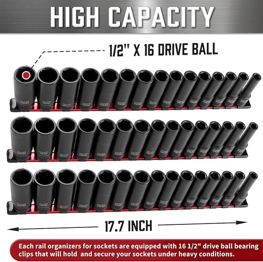 ALOANES 3-Piece 1/2-Inch Drive Aluminum Alloy Socket Organizer, Heavy Duty Socket Racks, Socket Holder Kit for Toolbox Drawer Fit 1/2-Inch x 48 Clips (Red)