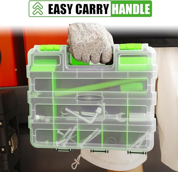Generic Tool Box with Transparent Lid, Double Side 34-Compartments Organizer Box with Removable Dividers for Hardware, Screws, Bolts, Nails, Beads, Jewelry and Fishing Accessories, Green, 2 Packs