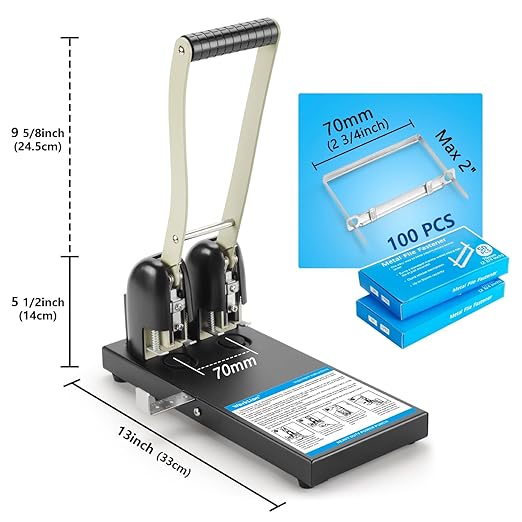 Heavy Duty 2 Hole Punch for Binder:Worklion Metal Power Two Hole Paper Puncher, 150 Sheets Capacity,2 3/4"(70 mm) Hole Distance, with 100PCS Paper Fasteners