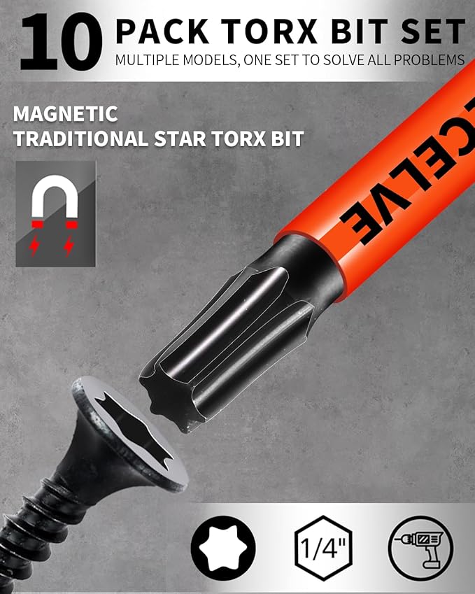 Impact Torx Bit Set T15 T20 T25 T30 T40, 10-Pack 2 Inch S2 Steel Magnetic Power Bits for Impact Driver, 1/4 Inch Hex Shank Heavy Duty Magnetic Grip (Anti-Slip)