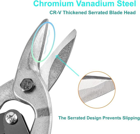 10 Inch Aviation Tin Snips, Heavy Duty Chrome Vanadium Steel Metal Cutter Shears for Cutting Sheet Metal, CR-V Straight Cut