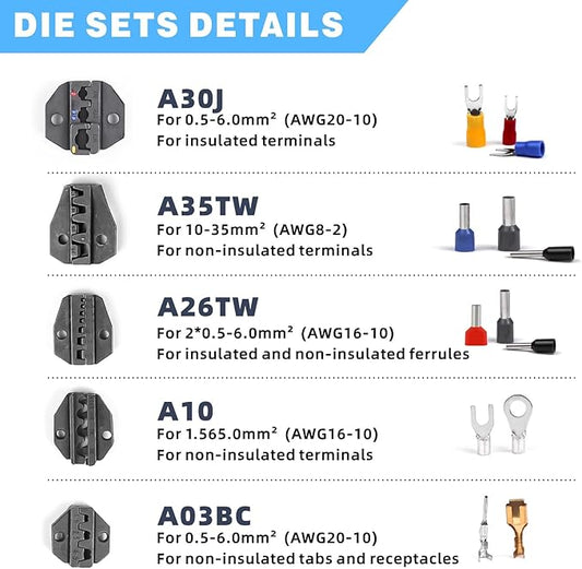 Ratchet Wire Crimping Tool kit Wire Crimper Set with 5pcs Interchangeable Jaws,Wire Stripper&Cutter for Insulated and Non-Insulated Terminals, Ferrules, Heat Shrink,Open Barrel Terminals 0.5-35mm 짼