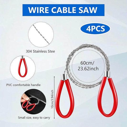 Stainless Steel Cable Saw,Metal Wire Saw Hand Pocket String Emergency Survival Rope Cutting Tools PVC Pipe Cutting Tool for Wood Camping Hiking Hunting,Red,23.62 Inch (4 Pcs)