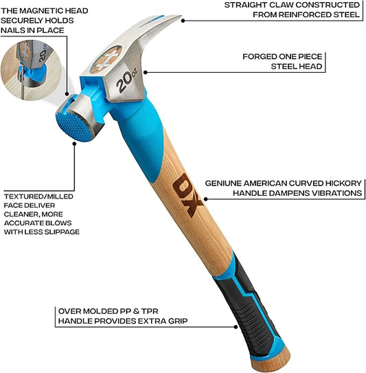 OX Tools Pro 20oz Curved Hickory Handle Hammer with TPR Rubber Hands Grip Hickory Framing Magnetic Nail Starter Curved Axe Handle Milled Face Craftsman Hammer Nail Puller Carpenter Tool OX-P087220