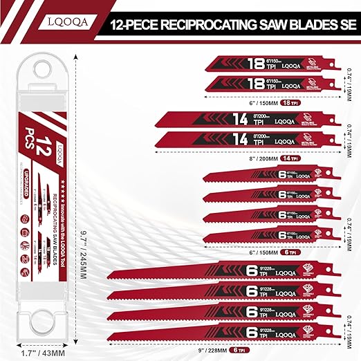 12-Piece Bi-Metal Reciprocating Saw Blade Set,Premium 6 & 8 & 9 Inch Wood & Metal Cutting Saw Blades withstorage Box,Long-Lasting Pruning Blades