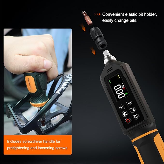Digital Torque Screwdriver 0.09-6Nm, Torque Screwdriver Set with 1/4" Elastic Bit Holder, Exension Rod, Flat, Hex, Torx and Philips Bits, Suitable for Gunsmithing, DIY, Bicycle Maintenance