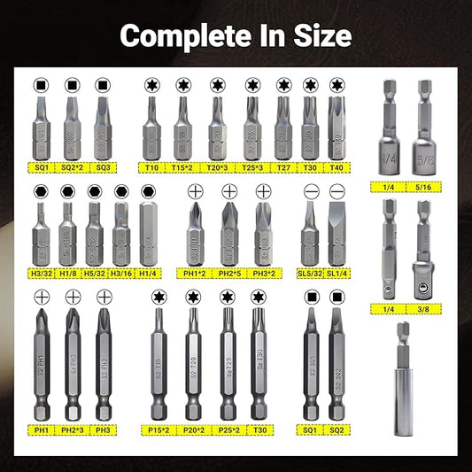 51-Piece Screwdriver Bit Set, Impact Driver Bit Set with Phillips/Slotted/Torx/Hex/Square Bits, 1/4" & 3/8" Socket Adapter, Magnetic Nut Drivers, S2 Alloy Steel for Impact Driver