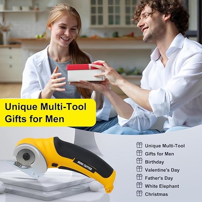 4V Cordless Electric Scissors Carpet Cutter Tool with Rechargeable & Safety Lock, Rotary Blade for Recycling Cutting Leather, Blanket, Gifts for Men Adult Crafter,Lightweight-Yellow