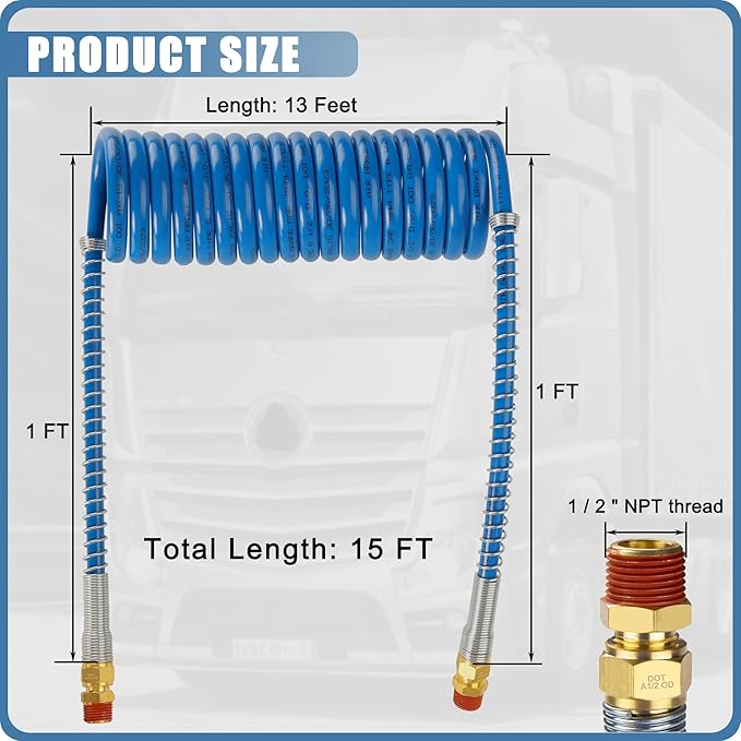 Air Brake Line Hose Coil Assembly Coiled Set 15 FT Air Lines Red Blue Hoses for Semi Truck Tractor Trailer,1/2" NPT DOT Fittings (15' Length x 12" Tractor Lead)