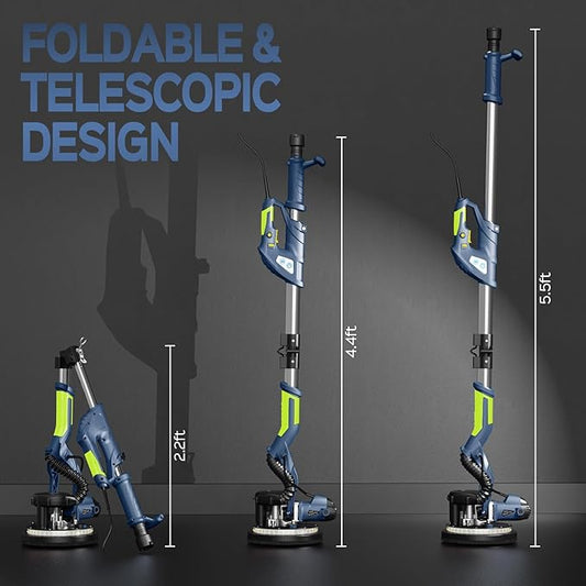 Drywall Sander, 2025 Upgraded 8-Amp Popcorn Ceiling Removal Tool with 7 Variable Speed 800-1800RPM, Drywall Sander with Vacuum Dust Collector with Extendable Handle, LED Light,12pcs Sanding Discs,Blue