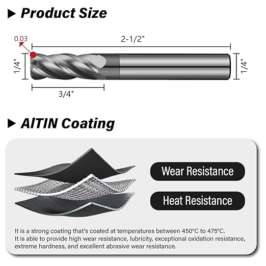 1/4" Carbide Corner Radius End Mills - 0.03" Corner Radius, AlTiN Coated, 4 Flute Endmill for Milling Alloy Steel, Cast Iron, Copper