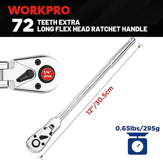 WORKPRO 1/4 inch Drive Extra Long Flex Head Ratchet, 12 Inch Long CR-V Steel Ratchet Handle with Chromium Plating, CR-MO Head, Quick Release Reversible Design, 72-Tooth
