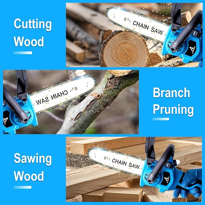 Mini Chainsaw Cordless 8 Inch with 2x 5200mAh Batteries, Portable Electric Chain Saw, Automatic Oiler, Battery Powered Small Handheld Saw,Trees Branches Trimming, Wood Cutting (Blue)