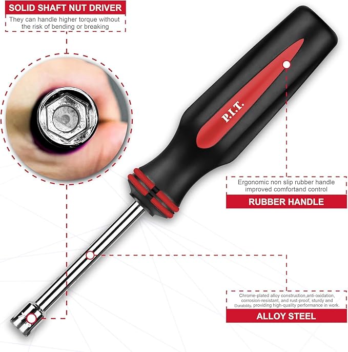 P.I.T. 7-Pieces SAE Nut Driver Set,Solid Shaft Nut Drivers (3/16, 1/4, 5/16, 11/32, 3/8, 7/16, 1/2 Inch) With Color Coded Nonslip Comfort TPR Hand Grips,Standard Sizes Hex Deep Nut Driver Set