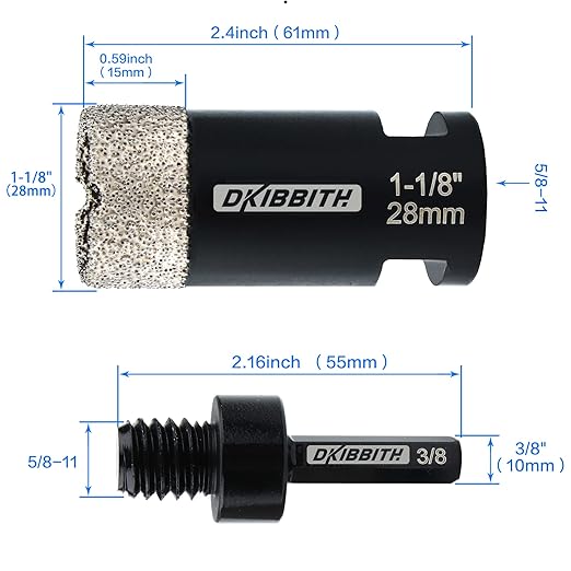 1-1/8" Diamond Hole Saw, Diamond Drill Bits 1-1/8 in Dia for Granite Tiles Quartzite Marble Concrete Porcelain Ceramic Stones, with 5/8-11 Thread for Angle Grinders and 3/8??Hex Shank for Drills