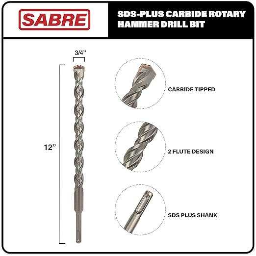 3/4 Inch x 12 Inch SDS Plus Rotary Hammer Drill Bit, Carbide Tipped for Brick, Stone, and Concrete Version 2 (3/4" x 10" x 12")