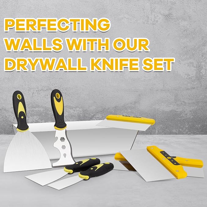 Drywall Knife Set, 8Pcs Stainless Steel Drywall Hand Tools Kit Includes Putty Knife Set, Taping Knives, Painter Scraper and 12" Mud Pan Finishing tools for Drywall Work