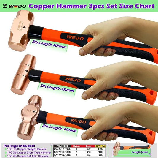 WEDO 3PCS Copper Hammer Set with Fiberglass Handle,3lb Sledge Hammer,2lb Drum Type Hammer,2lb Ball Pein Hammer,Die-Forge,Corrosion Resistant