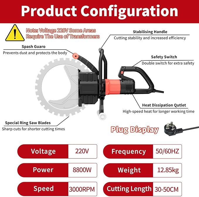 Ring Concrete Cutter Saw, Concrete Saw 20 Inch, 110V Pure Copper Motor With An Intelligent Water Pump for Reinforced Concrete, Ceramic Tiles, Red Brick Walls(220V,Depth of cut 11.81inch)