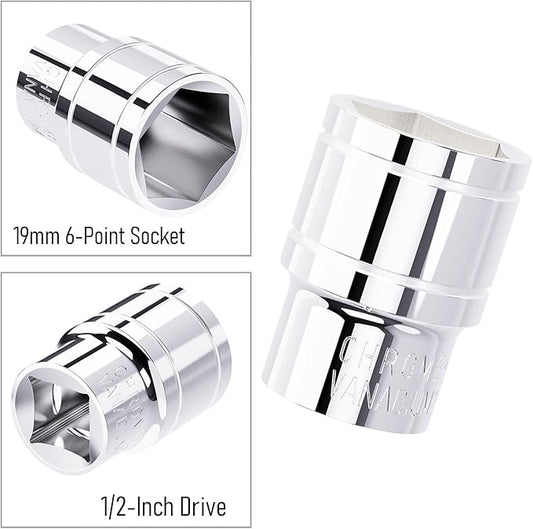 19mm(3/4-Inch) Shallow Socket, 1/2 Inch Drive, 6-Point, Metric, Heat Treated CR-V Steel Short Sockets, Full Polishing, 1.5 Inch Length